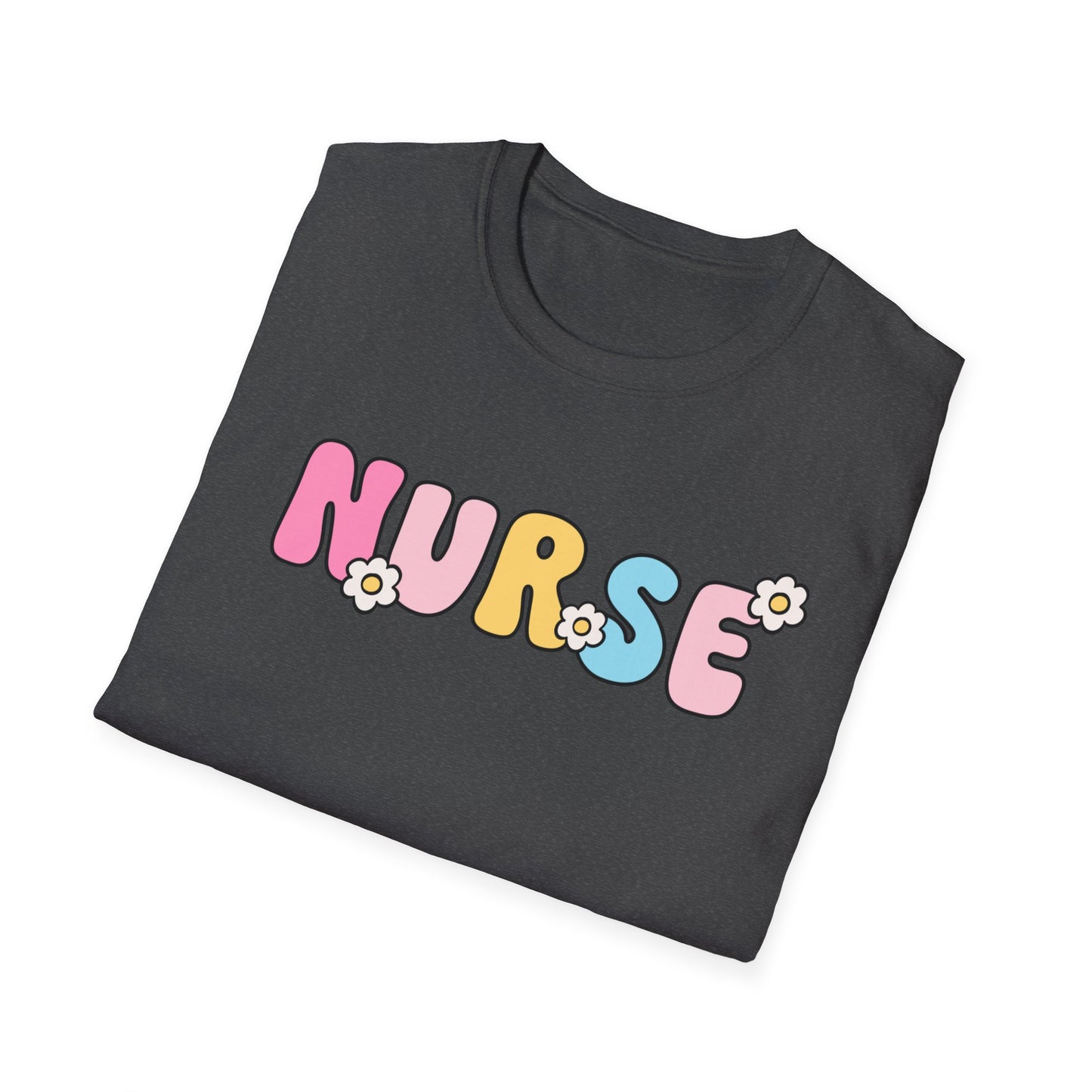 Nurse Daisy Retro Bubble Letter T-Shirt — Cute Pastel Floral Nursing Tee