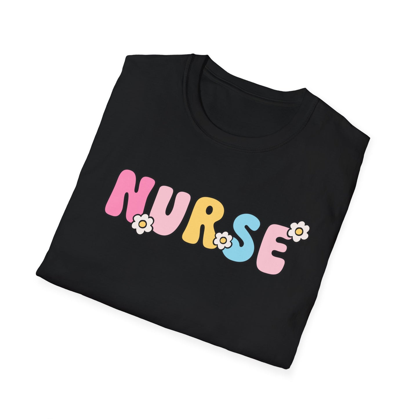 Nurse Daisy Retro Bubble Letter T-Shirt — Cute Pastel Floral Nursing Tee