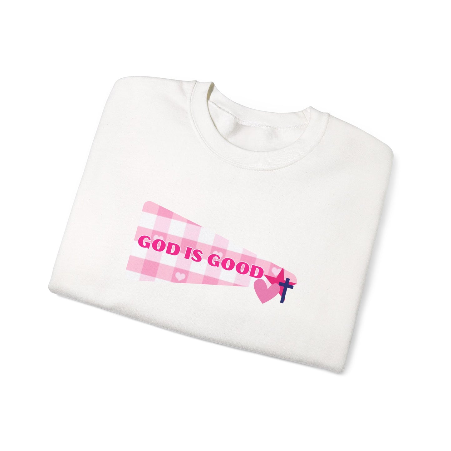 God Is Good Crewneck Sweatshirt — Pink Heart Faith Graphic