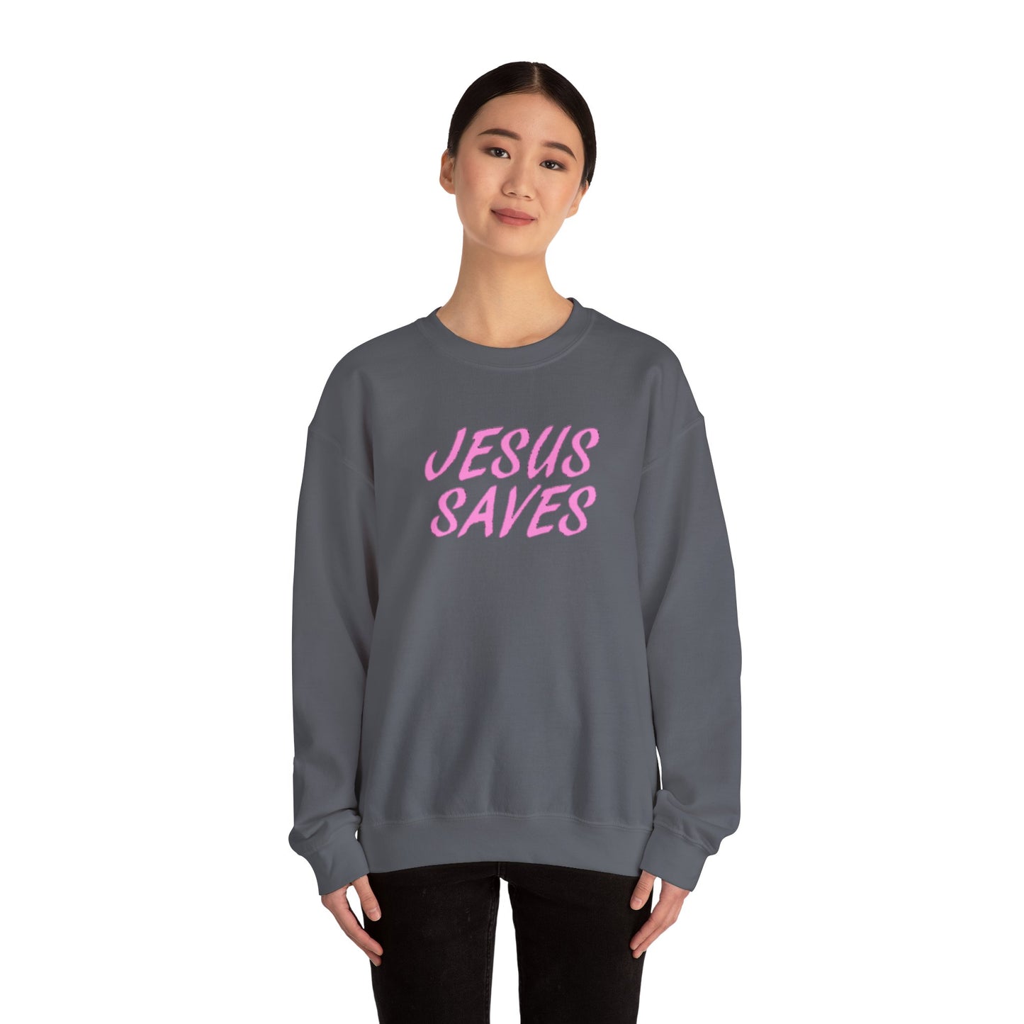 Jesus Saves Pink Script Crew neck — Christian Faith Graphic Tee