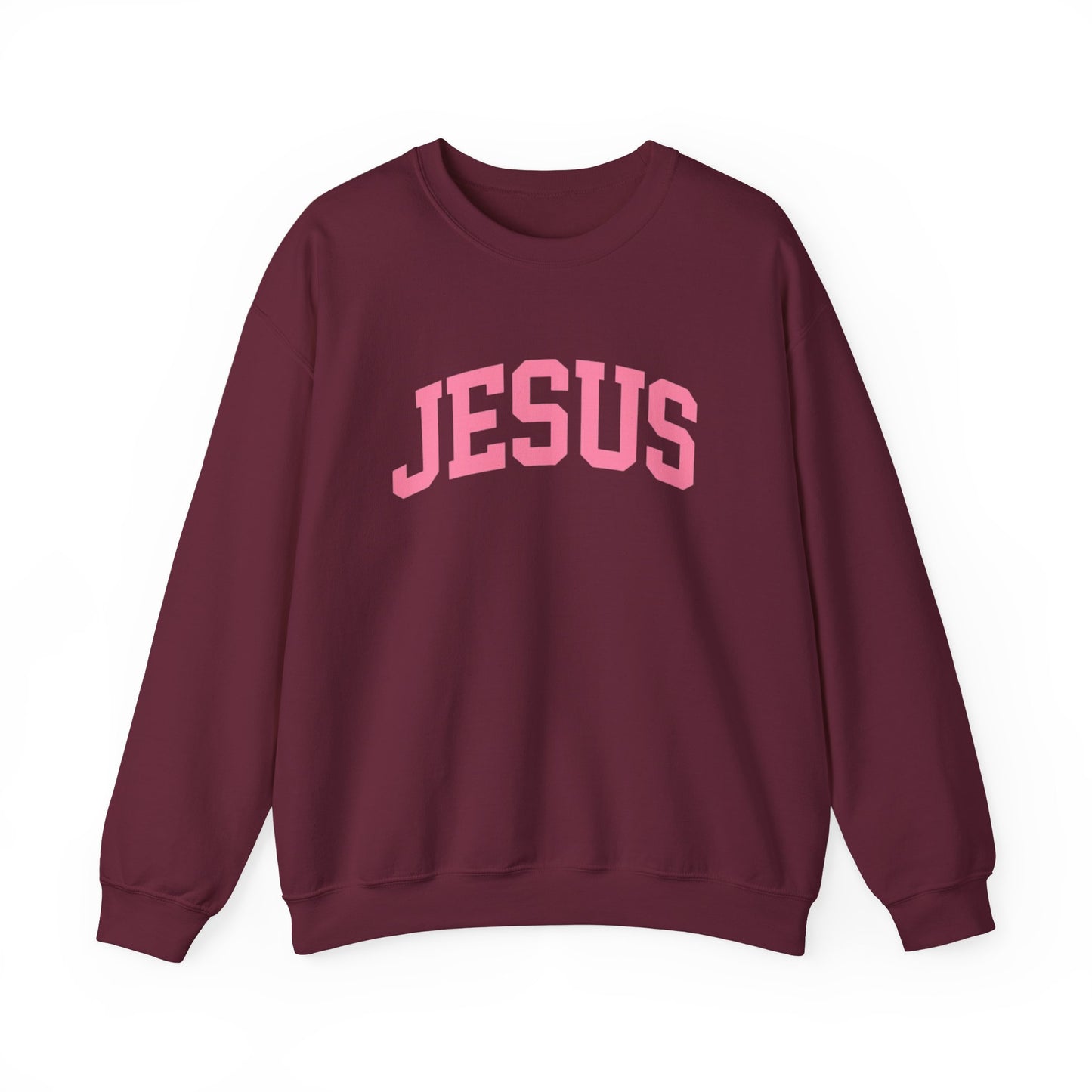 Jesus Crewneck Sweatshirt — Pink Collegiate Faith Graphic