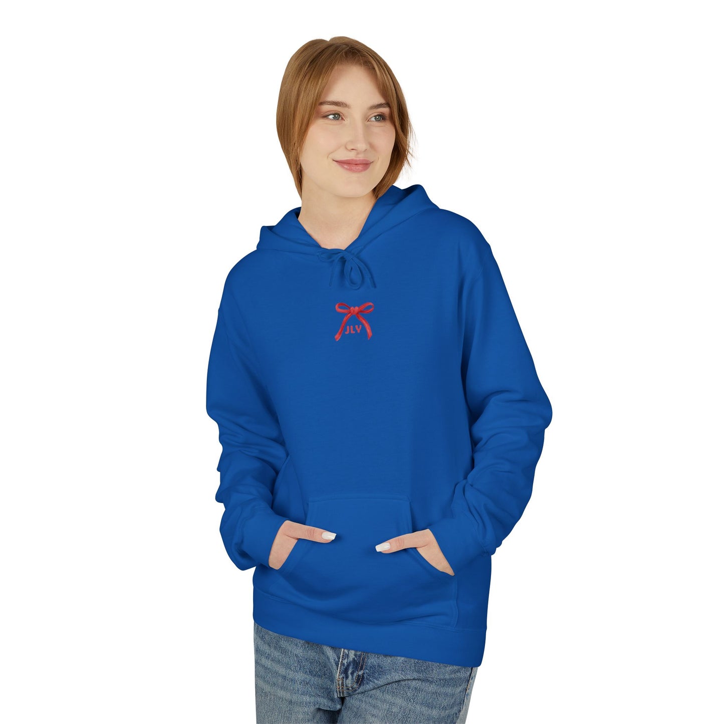 Chic Fleece Hoodie with JLY Bow Design - Perfect for Gift Giving, Cozy Casual Wear, Holiday Celebrations, Unisex Style, Everyday Comfort