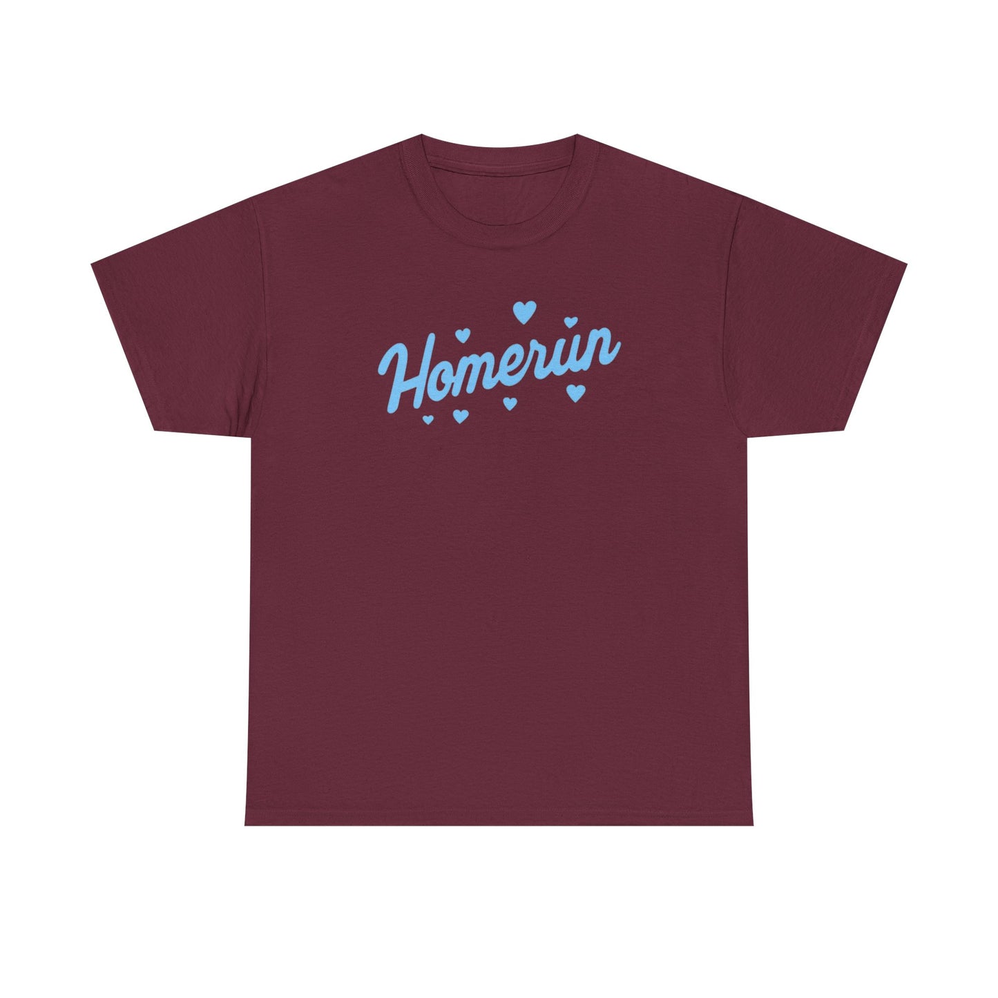 Homerun Tee — Retro Script Baseball Shirt with Blue Hearts
