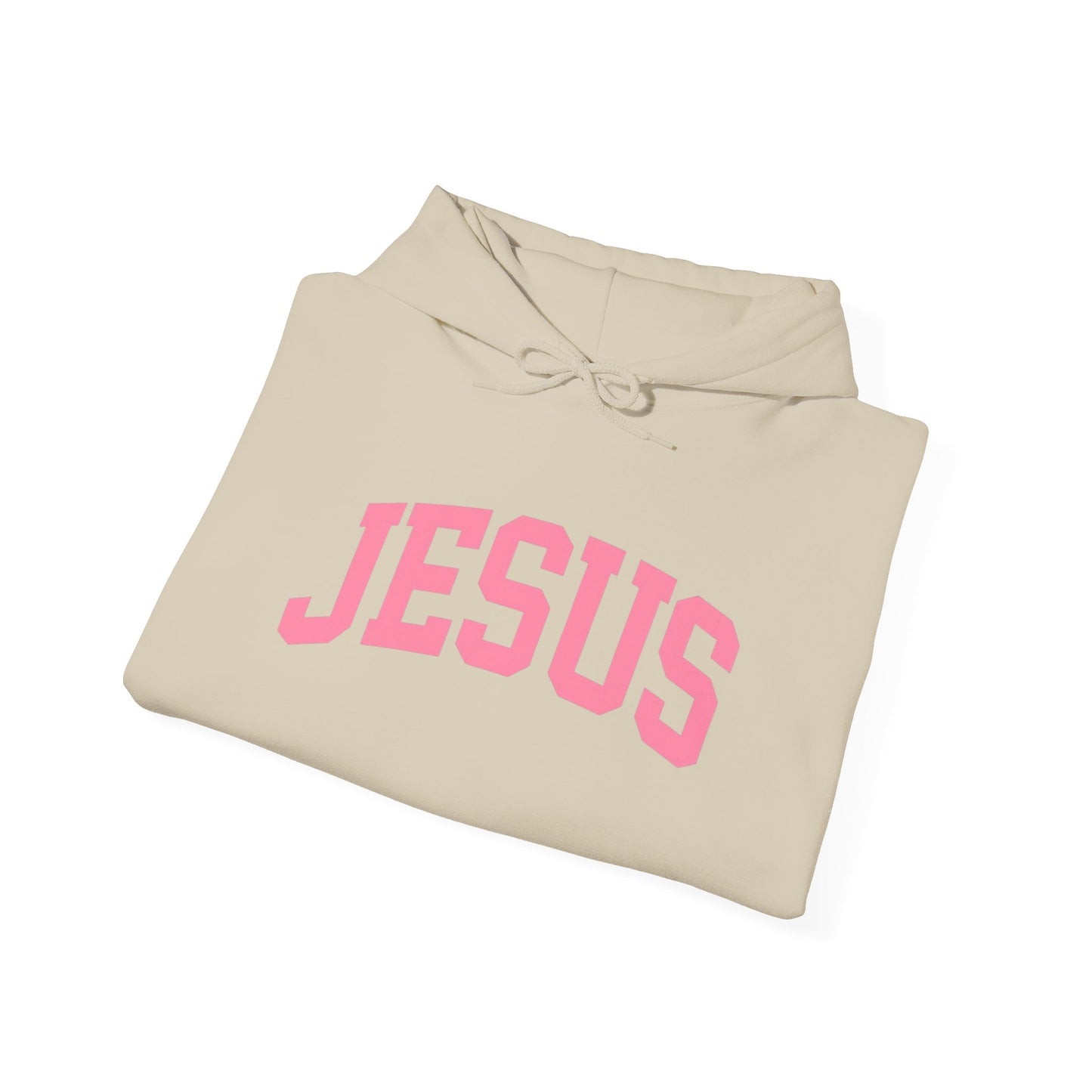 Jesus Arch Logo Hoodie — Pink Lettering Christian Faith Pullover