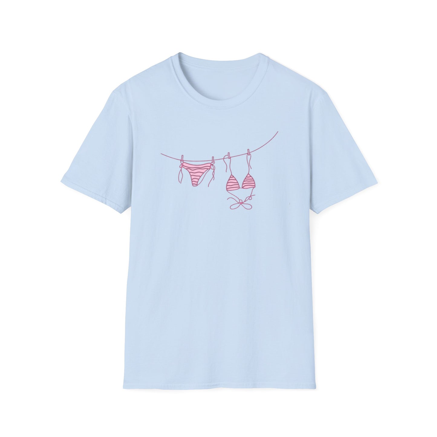 Bikini Line Graphic T‑Shirt – Pink Swimsuit Clothesline Tee