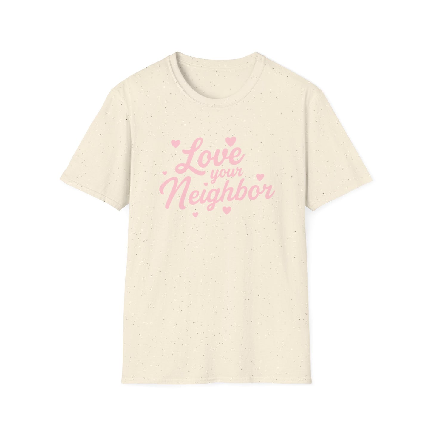 Love Your Neighbor T-Shirt — Pink Script Hearts Tee for Kindness & Community