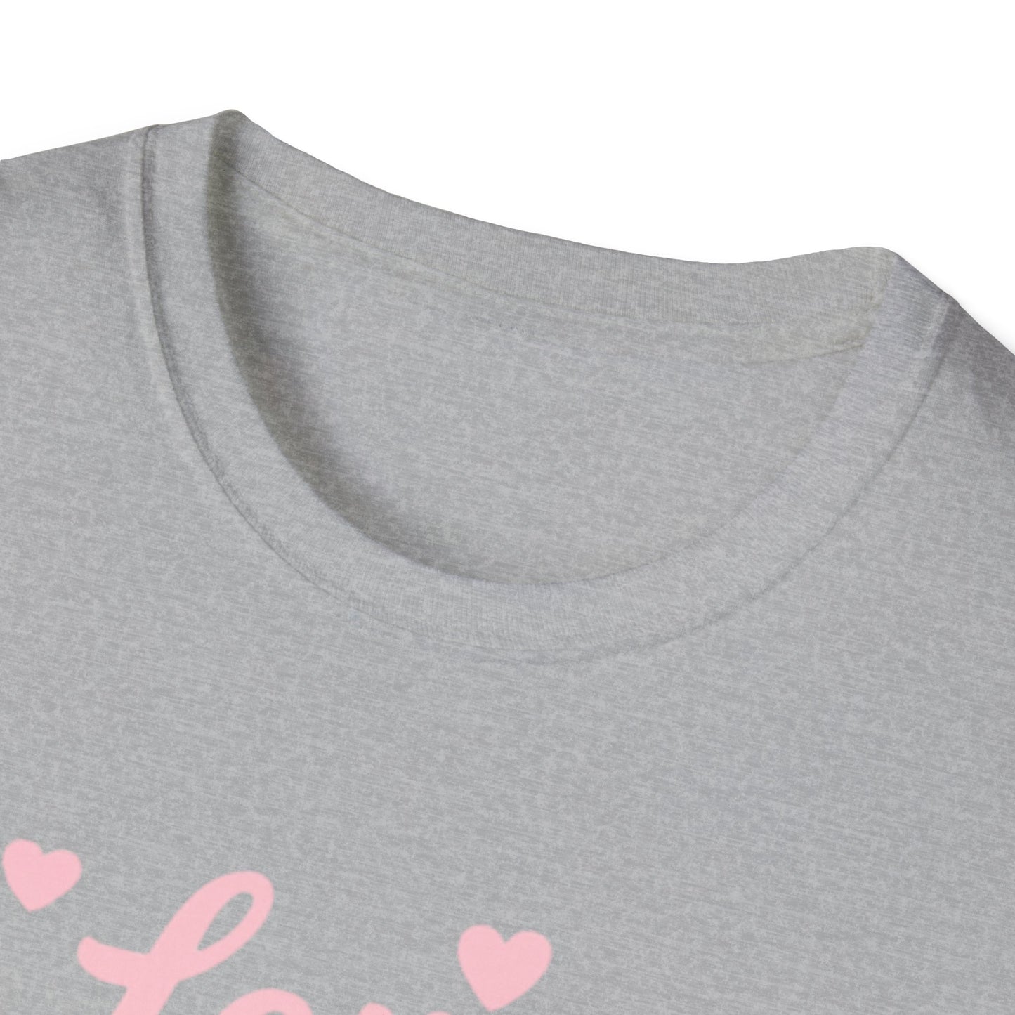 Love Your Neighbor T-Shirt — Pink Script Hearts Tee for Kindness & Community