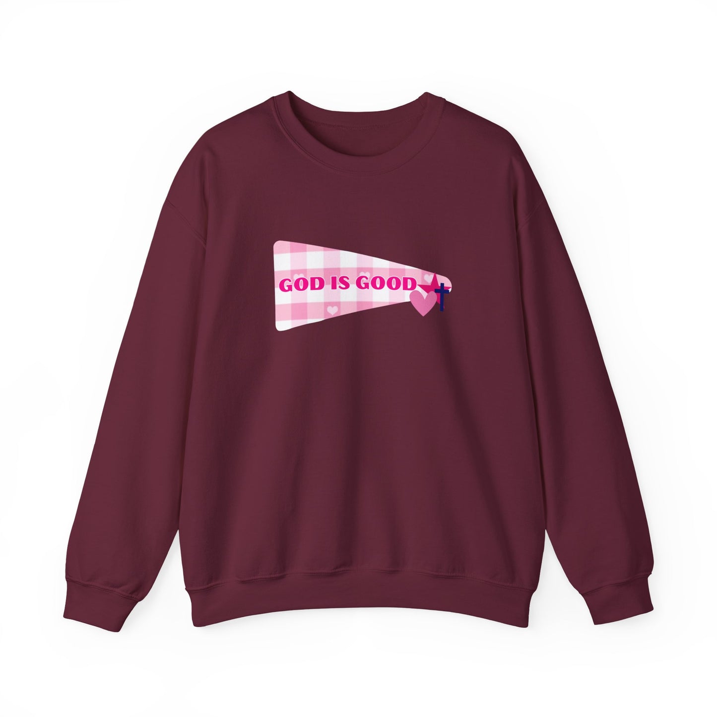 God Is Good Crewneck Sweatshirt — Pink Heart Faith Graphic