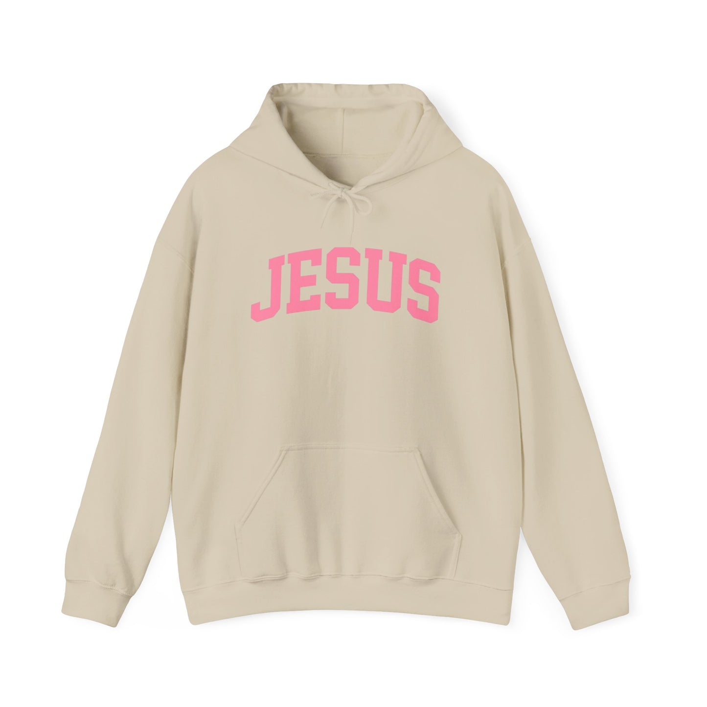 Jesus Arch Logo Hoodie — Pink Lettering Christian Faith Pullover