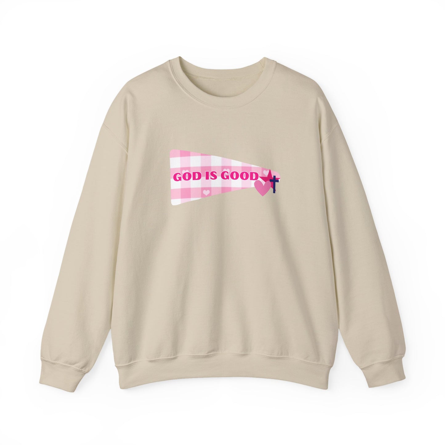 God Is Good Crewneck Sweatshirt — Pink Heart Faith Graphic
