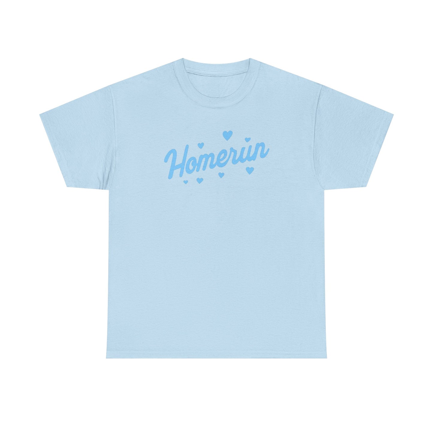 Homerun Tee — Retro Script Baseball Shirt with Blue Hearts