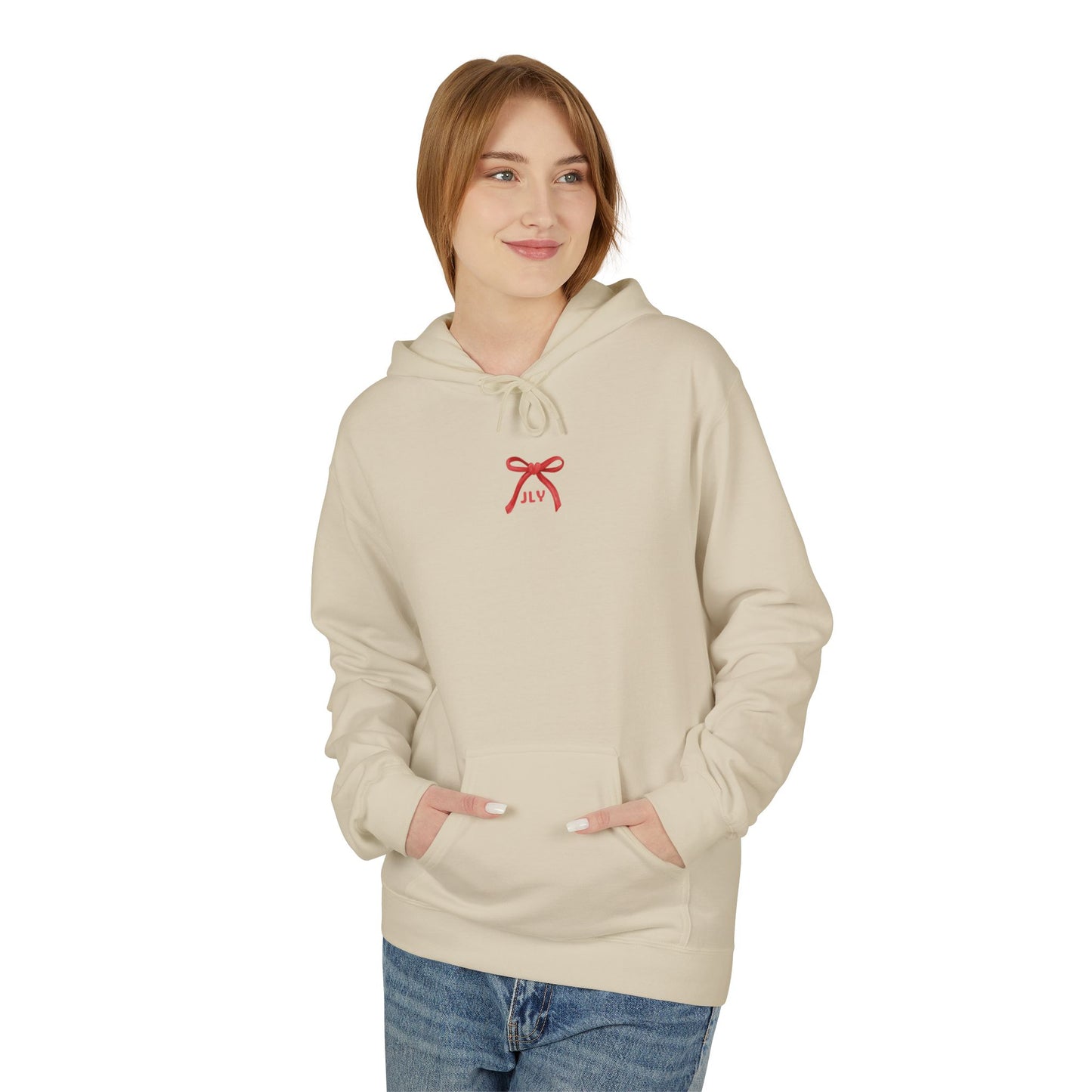 Chic Fleece Hoodie with JLY Bow Design - Perfect for Gift Giving, Cozy Casual Wear, Holiday Celebrations, Unisex Style, Everyday Comfort