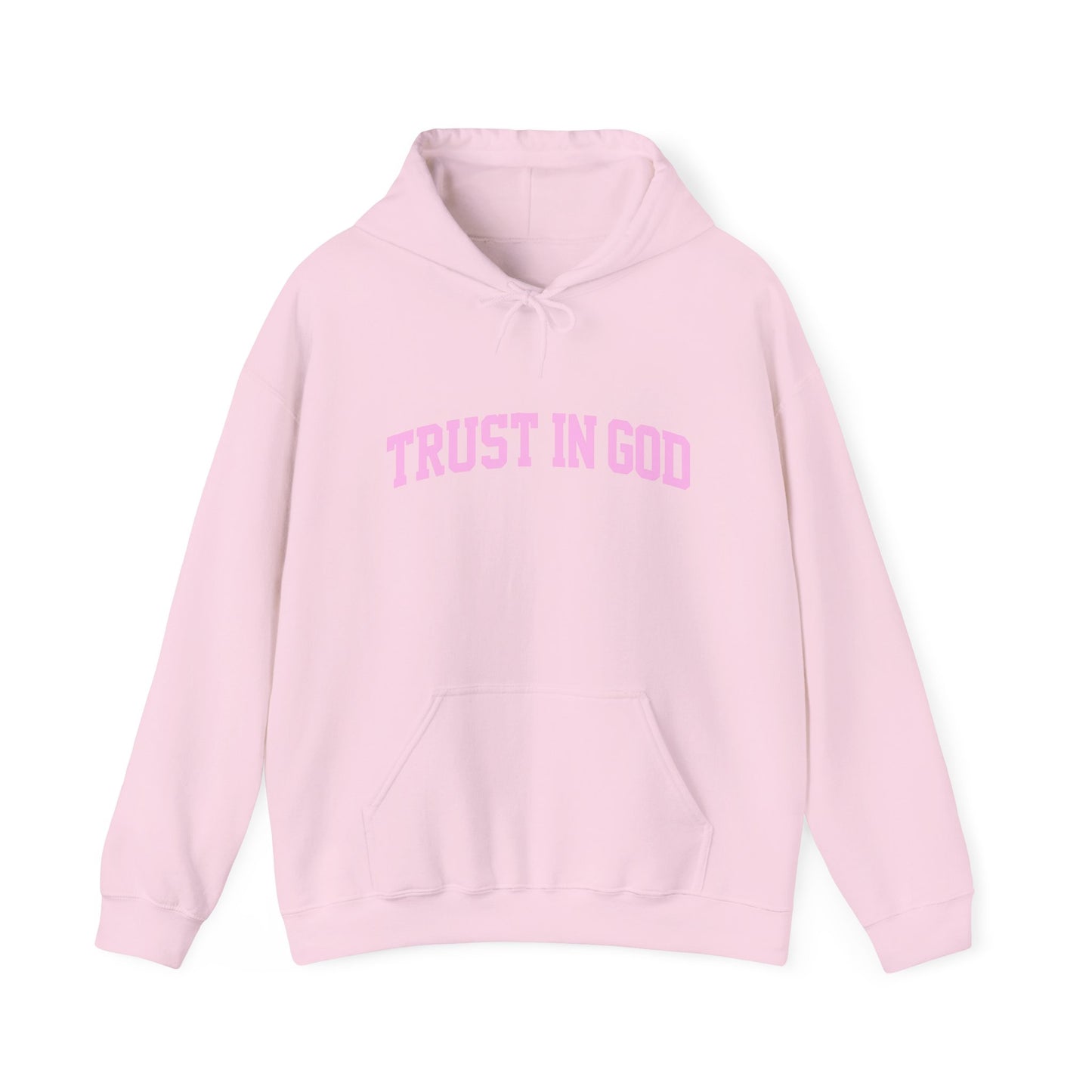 Trust In God Hoodie — White Pullover with Pink Faith Graphic