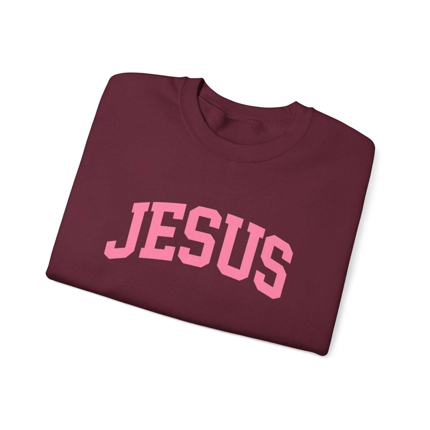 Jesus Crewneck Sweatshirt — Pink Collegiate Faith Graphic