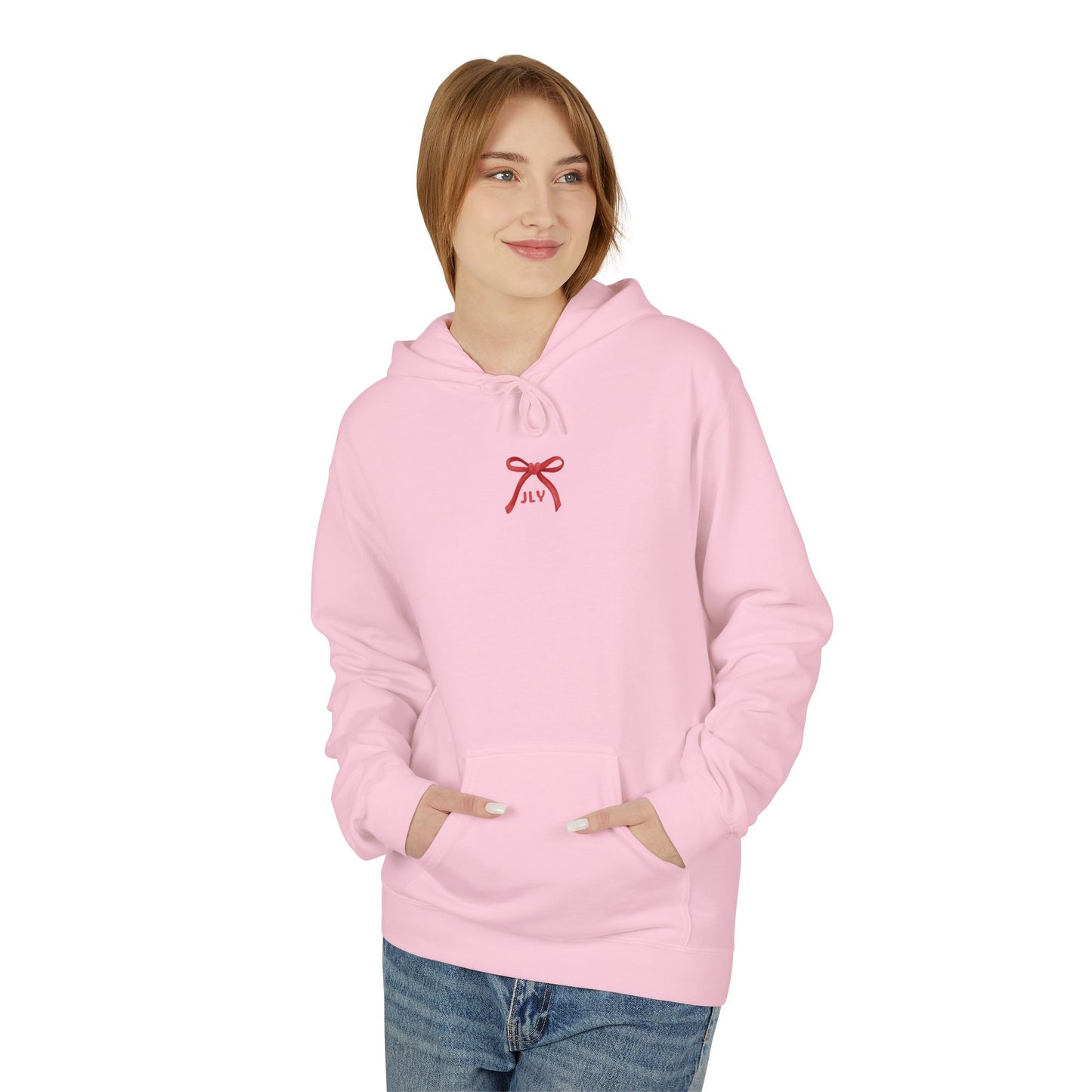 Chic Fleece Hoodie with JLY Bow Design - Perfect for Gift Giving, Cozy Casual Wear, Holiday Celebrations, Unisex Style, Everyday Comfort