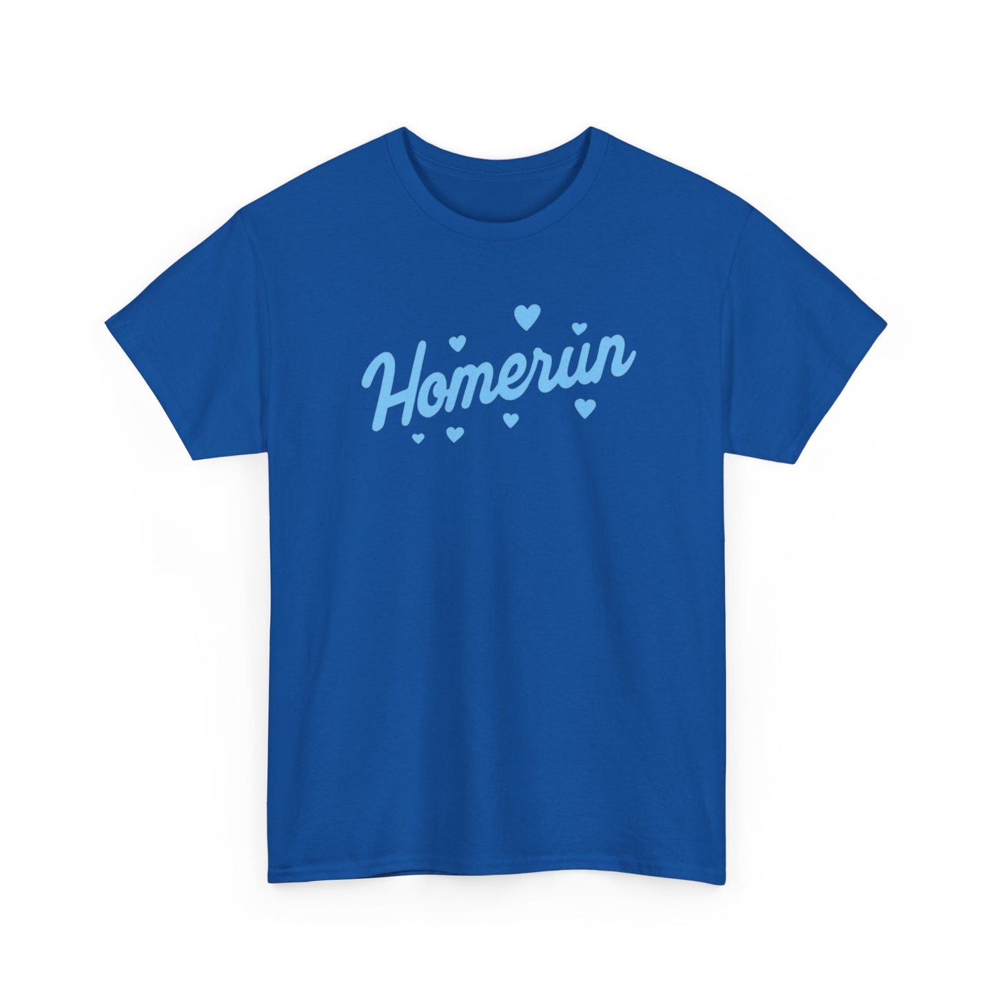 Homerun Tee — Retro Script Baseball Shirt with Blue Hearts