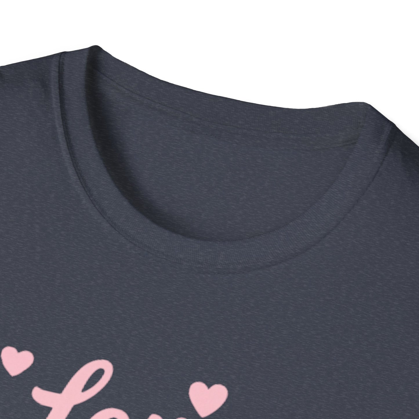 Love Your Neighbor T-Shirt — Pink Script Hearts Tee for Kindness & Community