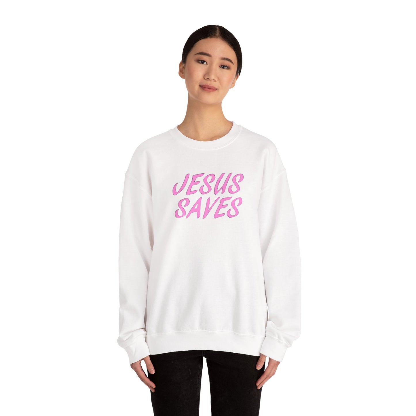 Jesus Saves Pink Script Crew neck — Christian Faith Graphic Tee