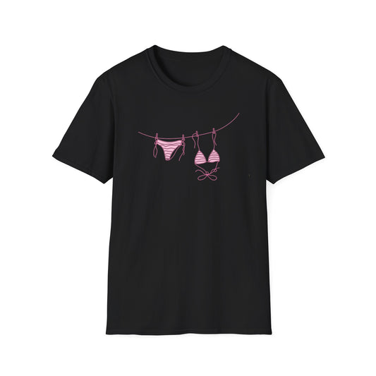 Bikini Line Graphic T‑Shirt – Pink Swimsuit Clothesline Tee