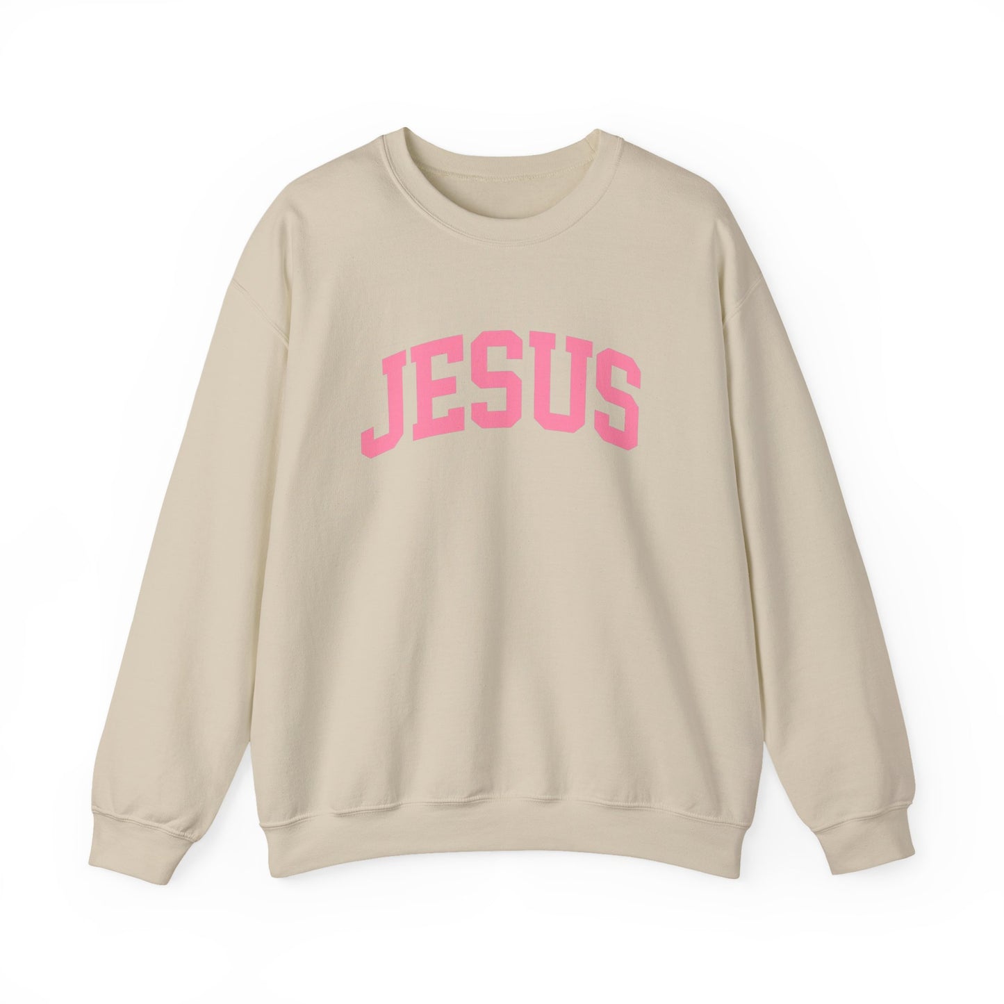 Jesus Crewneck Sweatshirt — Pink Collegiate Faith Graphic