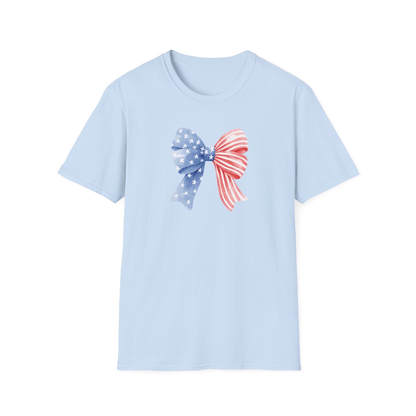 Patriotic USA Flag Bow T-Shirt — Red White Blue 4th of July Tee