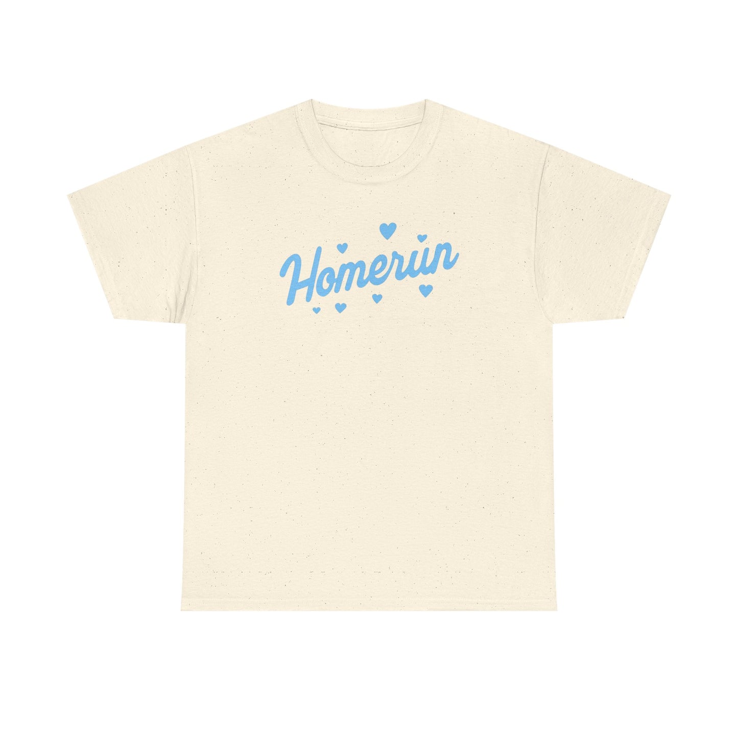 Homerun Tee — Retro Script Baseball Shirt with Blue Hearts