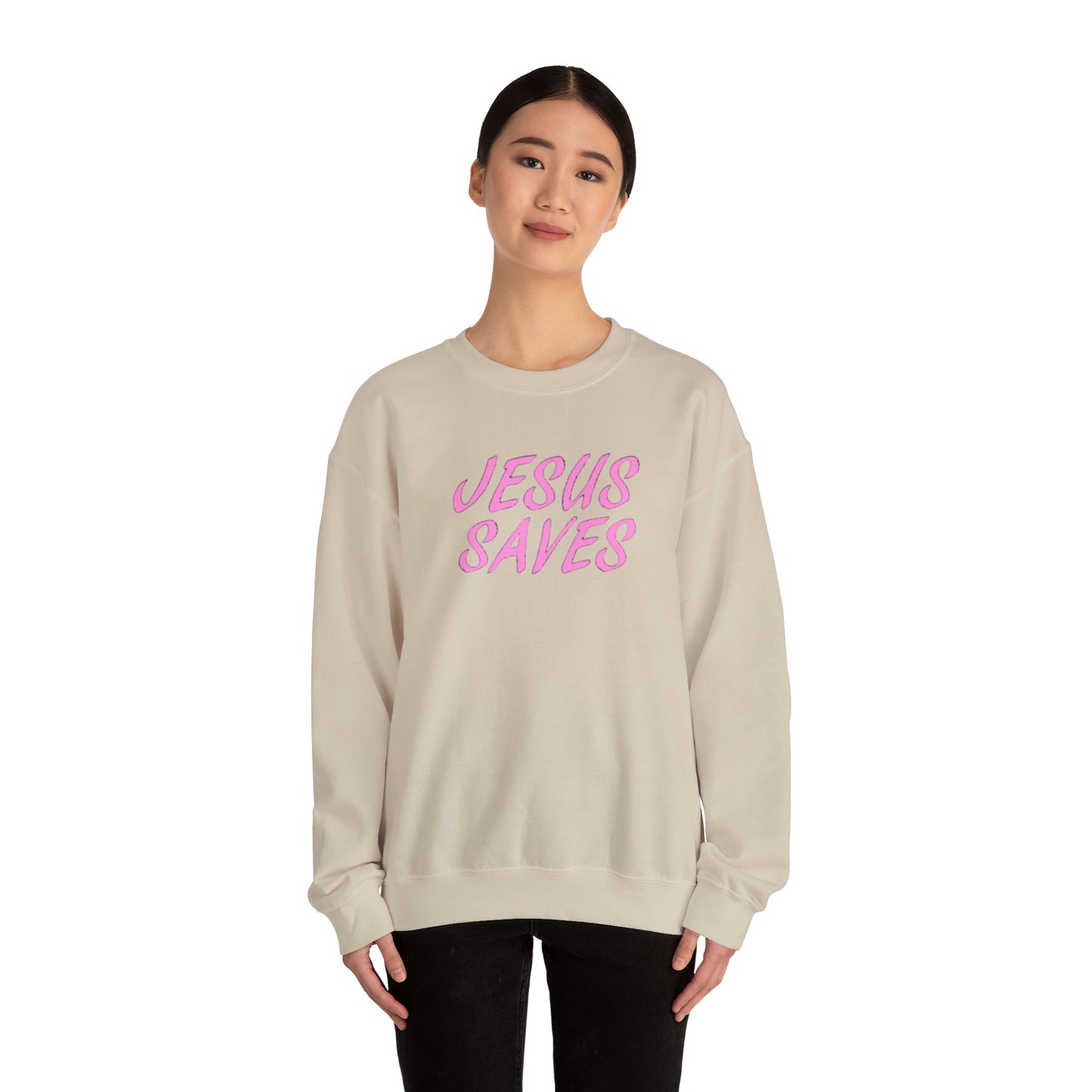 Jesus Saves Pink Script Crew neck — Christian Faith Graphic Tee