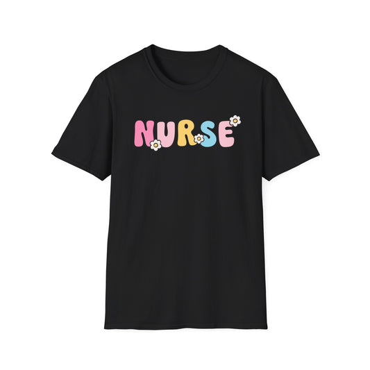 Nurse Daisy Retro Bubble Letter T-Shirt — Cute Pastel Floral Nursing Tee