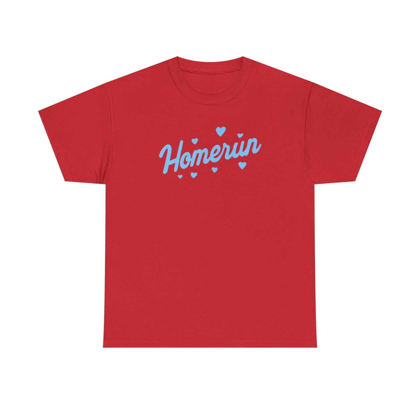 Homerun Tee — Retro Script Baseball Shirt with Blue Hearts