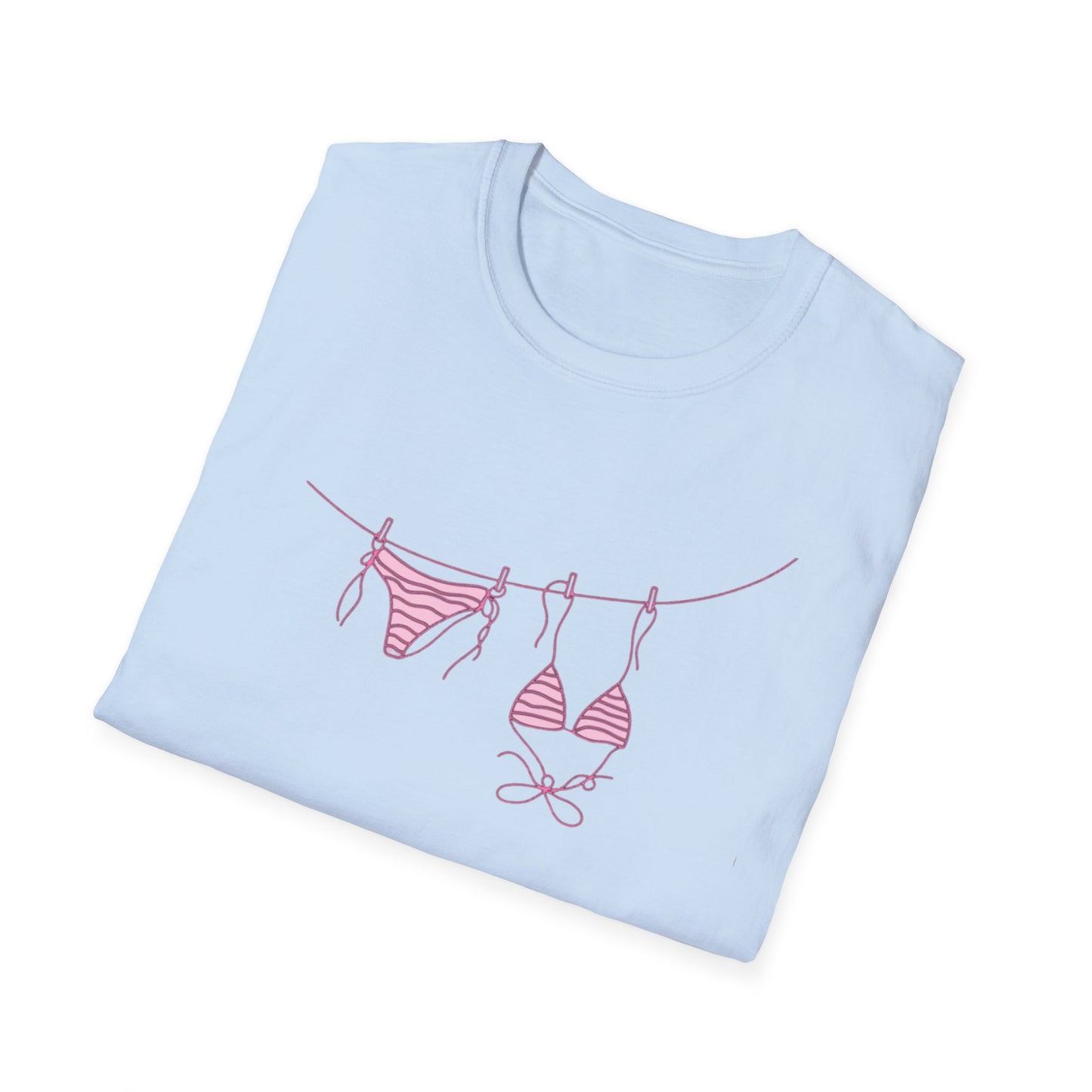 Bikini Line Graphic T‑Shirt – Pink Swimsuit Clothesline Tee