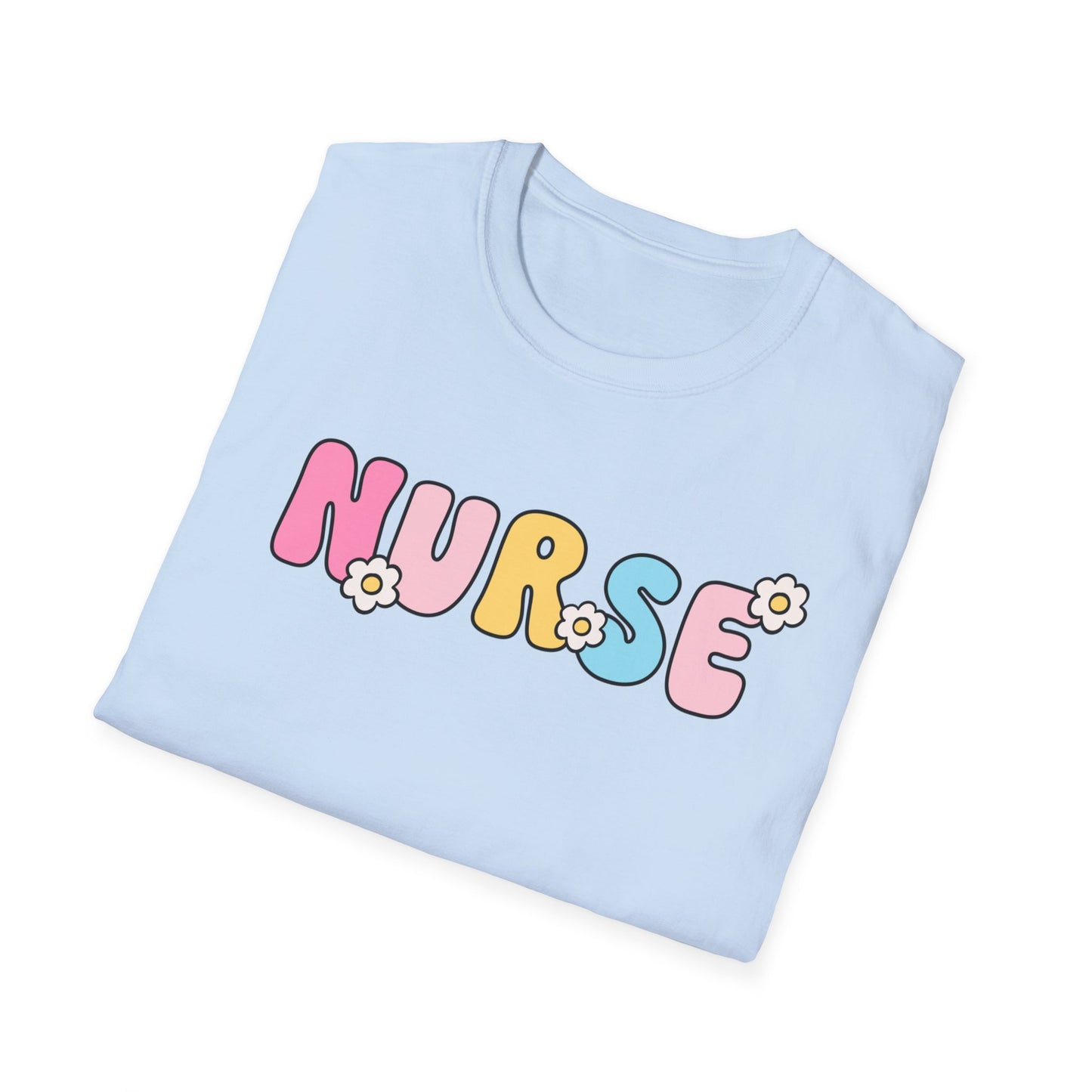 Nurse Daisy Retro Bubble Letter T-Shirt — Cute Pastel Floral Nursing Tee