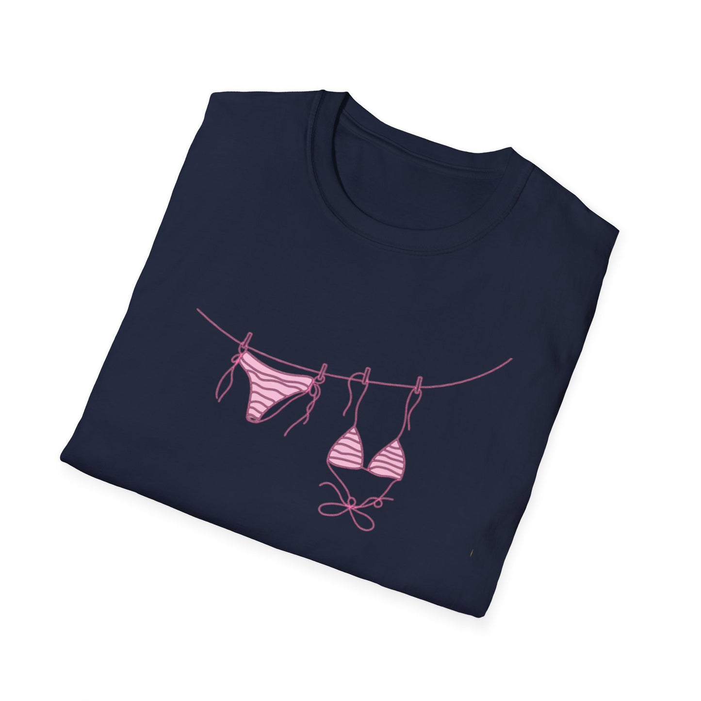 Bikini Line Graphic T‑Shirt – Pink Swimsuit Clothesline Tee