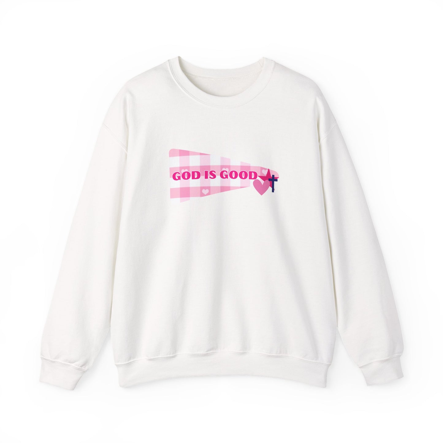 God Is Good Crewneck Sweatshirt — Pink Heart Faith Graphic