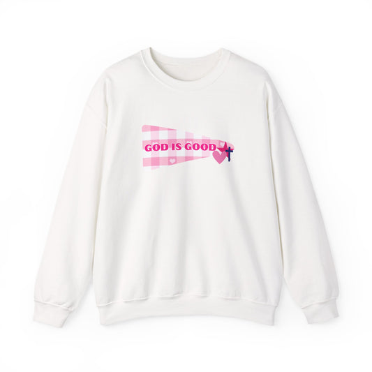 God Is Good Crewneck Sweatshirt — Pink Heart Faith Graphic