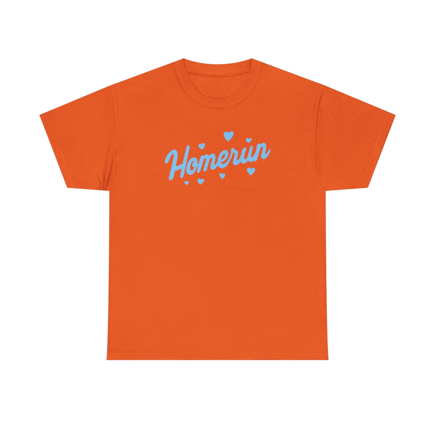 Homerun Tee — Retro Script Baseball Shirt with Blue Hearts