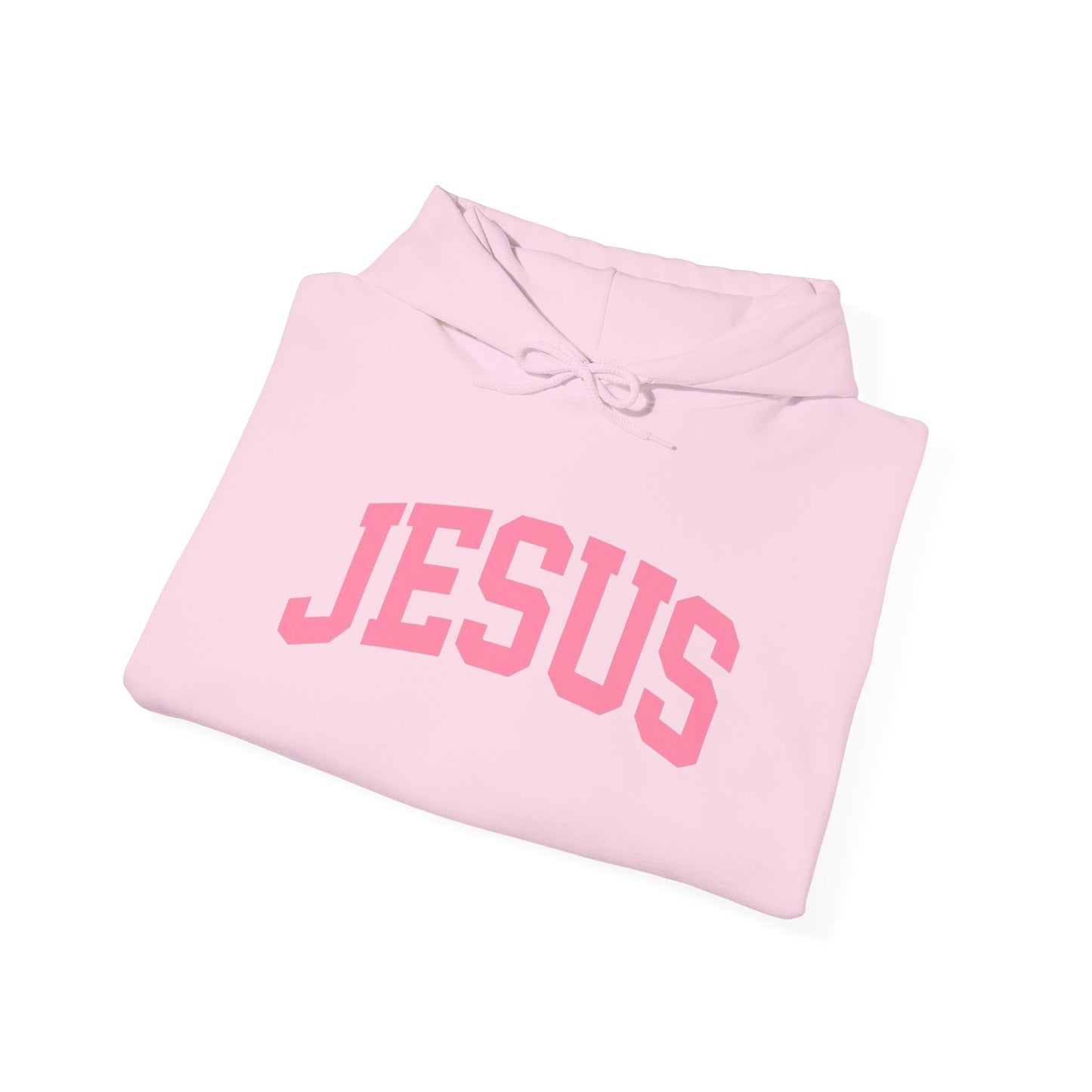 Jesus Arch Logo Hoodie — Pink Lettering Christian Faith Pullover