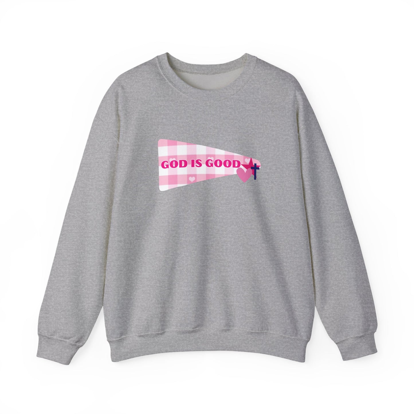 God Is Good Crewneck Sweatshirt — Pink Heart Faith Graphic