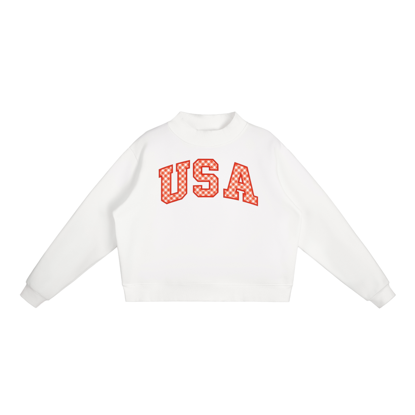 Gingham USA print Essential Fleece Mock-Neck Crew Sweatshirt