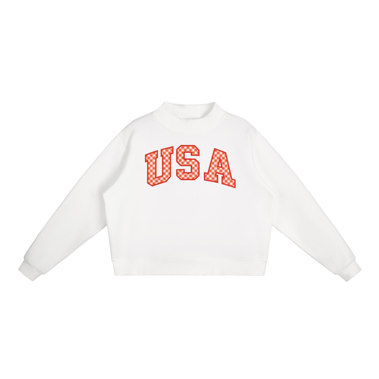 Gingham USA print Essential Fleece Mock-Neck Crew Sweatshirt