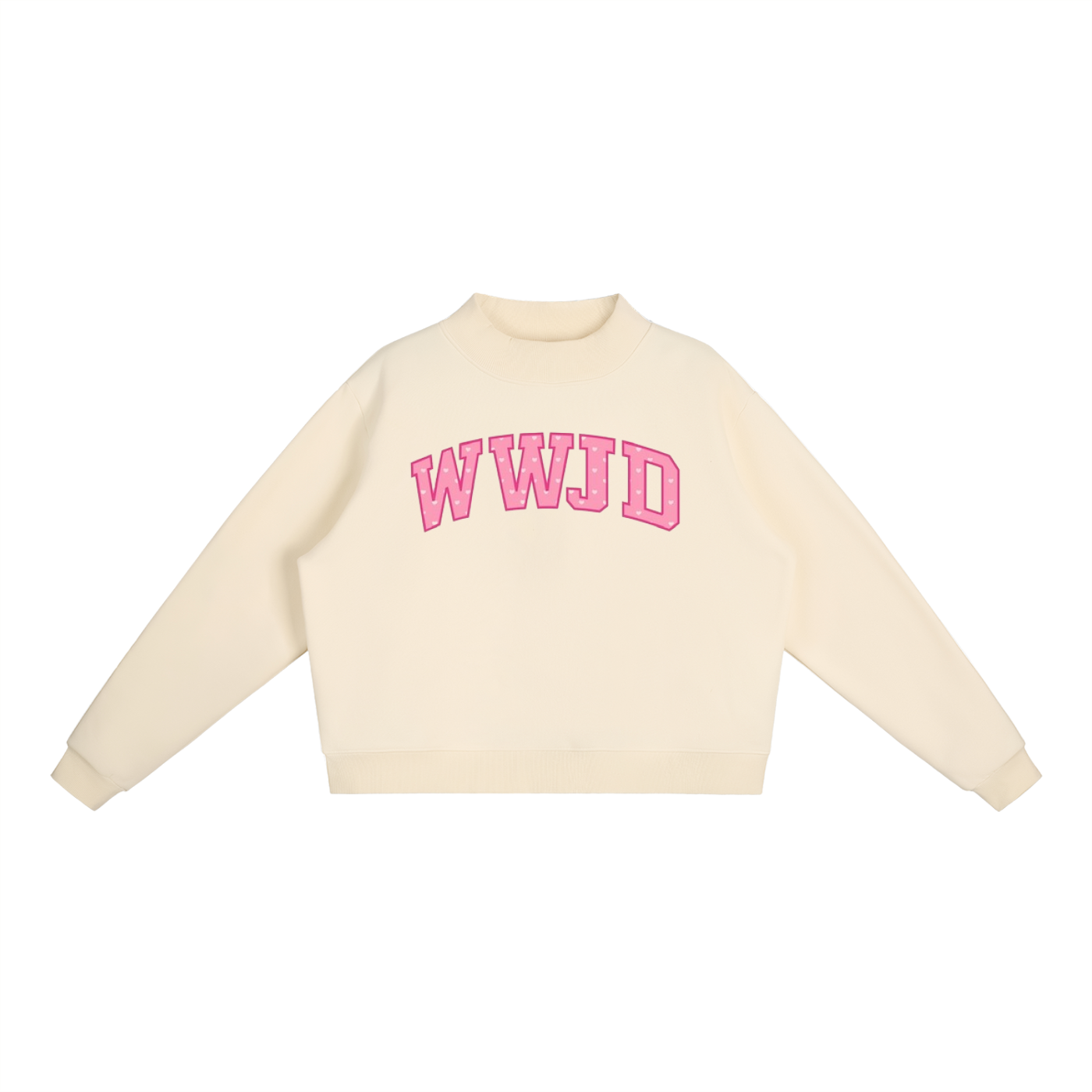 WWJD Pink Hearts Print Essential Fleece Mock-Neck Crew Sweatshirt