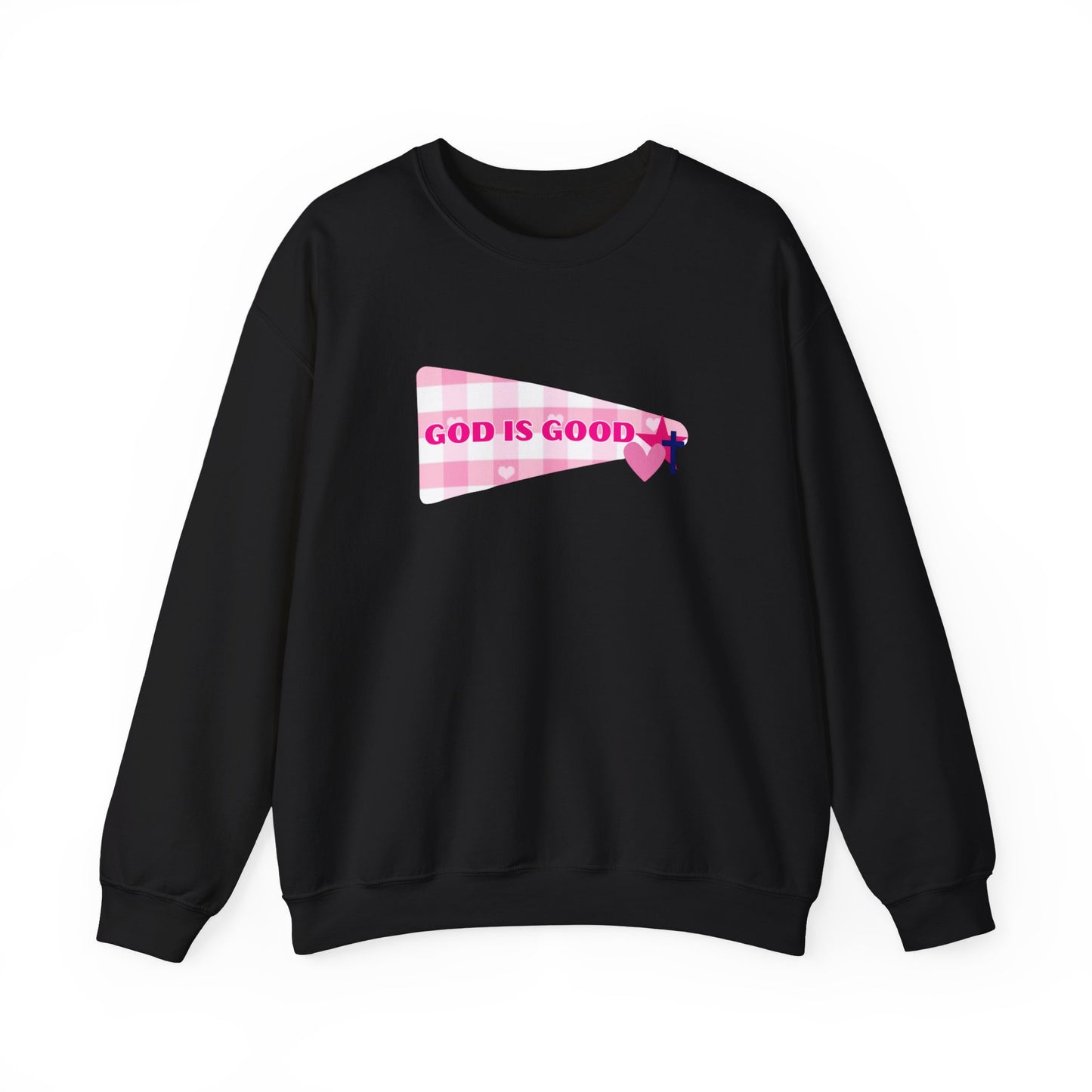 God Is Good Crewneck Sweatshirt — Pink Heart Faith Graphic