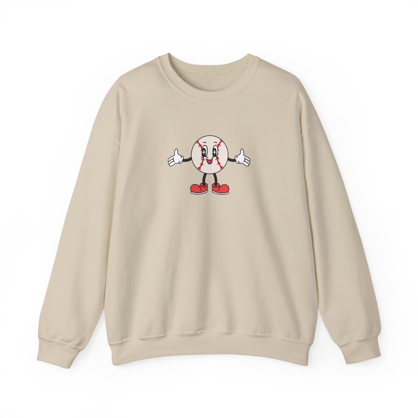 Cute Cartoon Baseball Crewneck Sweatshirt – Thumbs Up Mascot Graphic