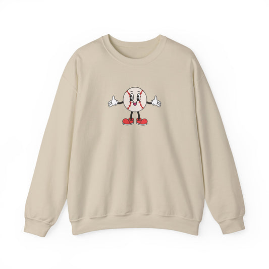 Cute Cartoon Baseball Crewneck Sweatshirt – Thumbs Up Mascot Graphic