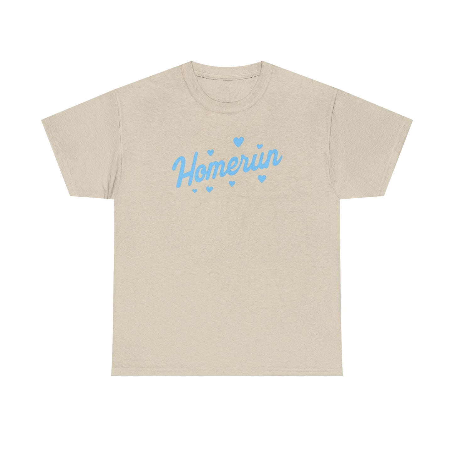 Homerun Tee — Retro Script Baseball Shirt with Blue Hearts