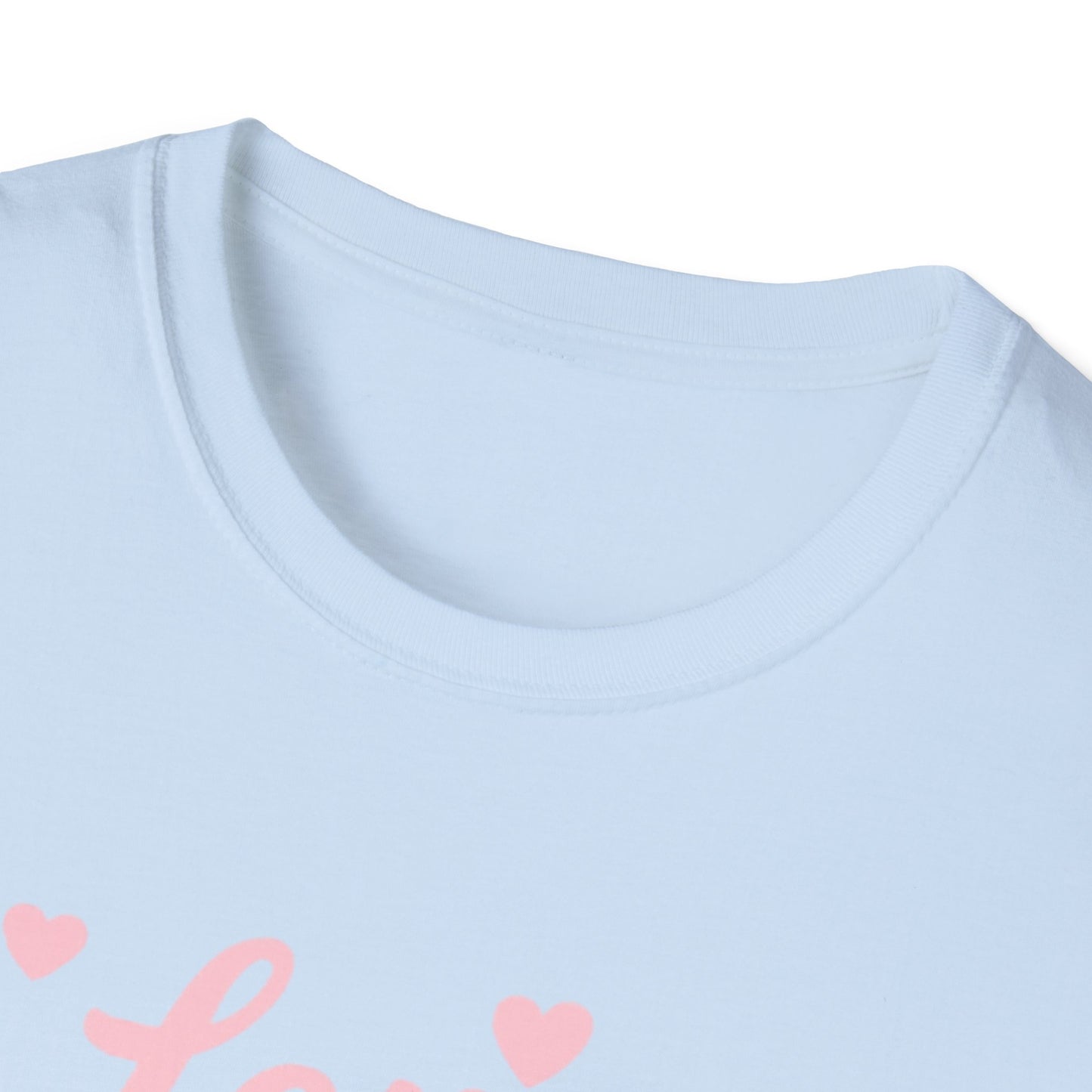 Love Your Neighbor T-Shirt — Pink Script Hearts Tee for Kindness & Community