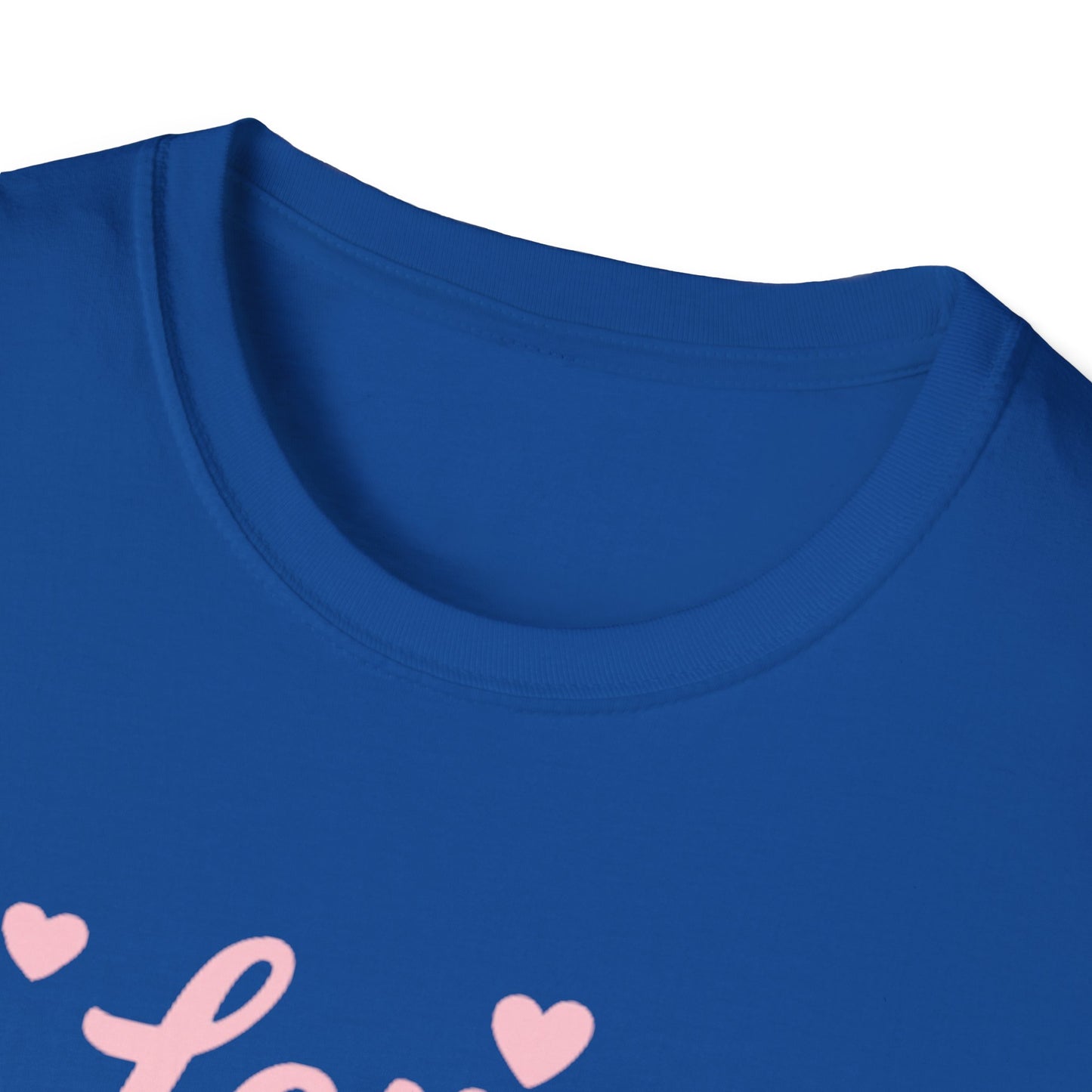 Love Your Neighbor T-Shirt — Pink Script Hearts Tee for Kindness & Community