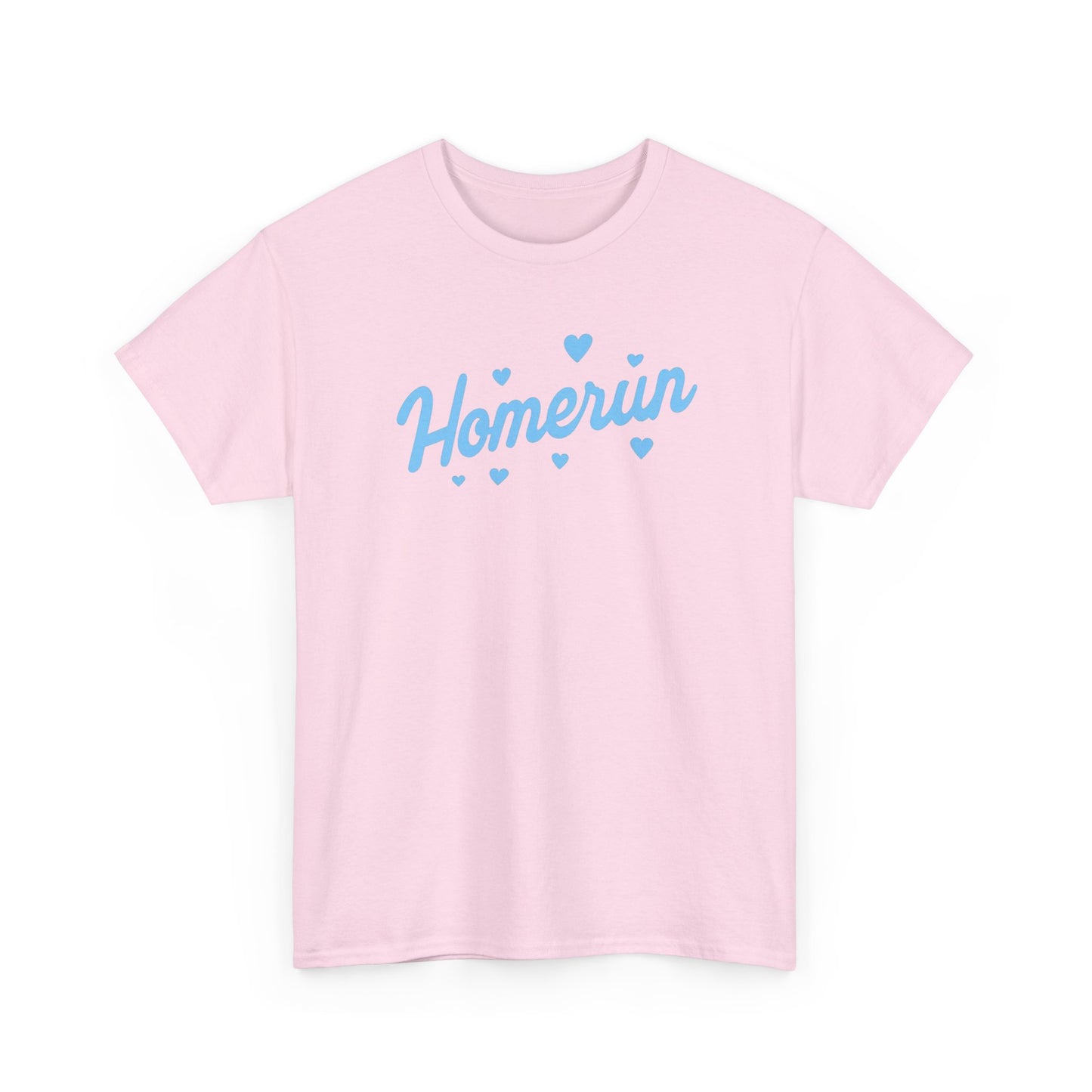 Homerun Tee — Retro Script Baseball Shirt with Blue Hearts