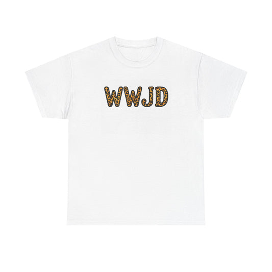 WWJD Leopard Print Tee — Casual Christian Faith Graphic T-Shirt