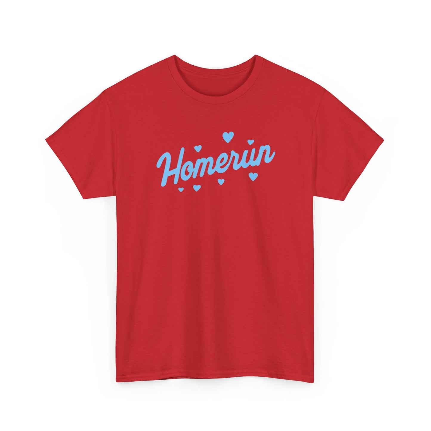 Homerun Tee — Retro Script Baseball Shirt with Blue Hearts