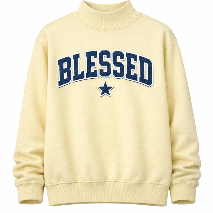 DENIM AND BUTTERCREAM BLESSED MOCK NECK